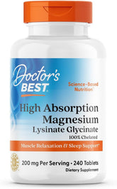 Doctor's Best magnesium glycinate lysinate bottle front highlights 240 tablets for sleep support.