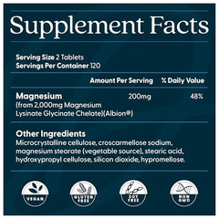 Doctor's Best magnesium glycinate lysinate bottle label shows vegan and non-GMO features for gentle digestion.