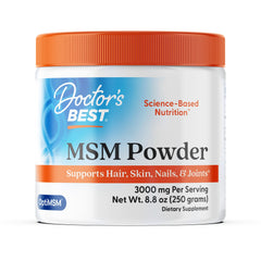 Doctor's Best MSM powder bottle with OptiMSM for joints and skin support.