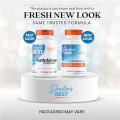 Close-up of Doctor's Best nattokinase capsules showing vegan formula and coating.