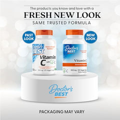 Close-up of Doctor's BEST Vitamin C capsules highlighting vegan, antioxidant support.
