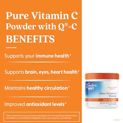 Close-up of Doctor's Best Vitamin C Powder label on bottle, Scotland-sourced formula