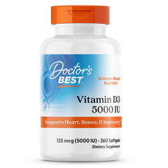 Doctor's Best Vitamin D3 5000 IU softgels bottle on table for daily use.