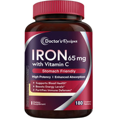 Doctor's Recipes Iron 65mg bottle shown for daily energy support