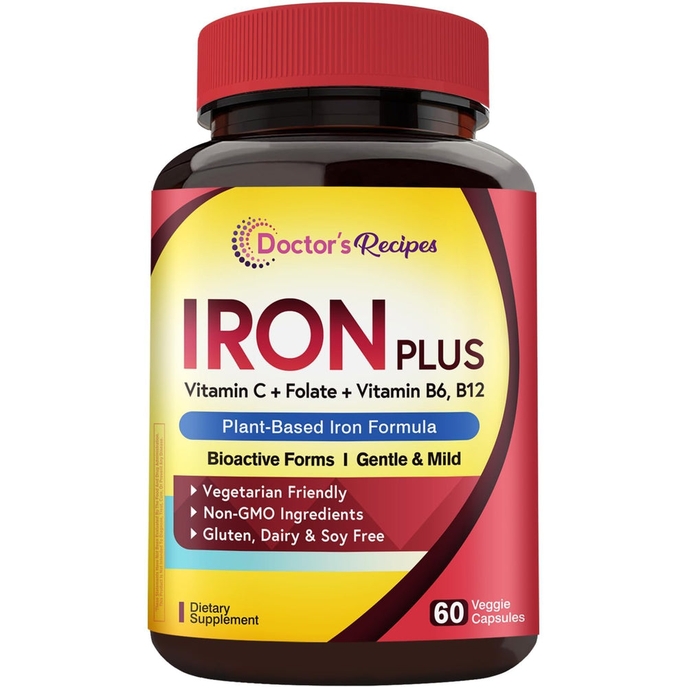 Doctor's Recipes Iron Bisglycinate packaging front for gentle iron support.