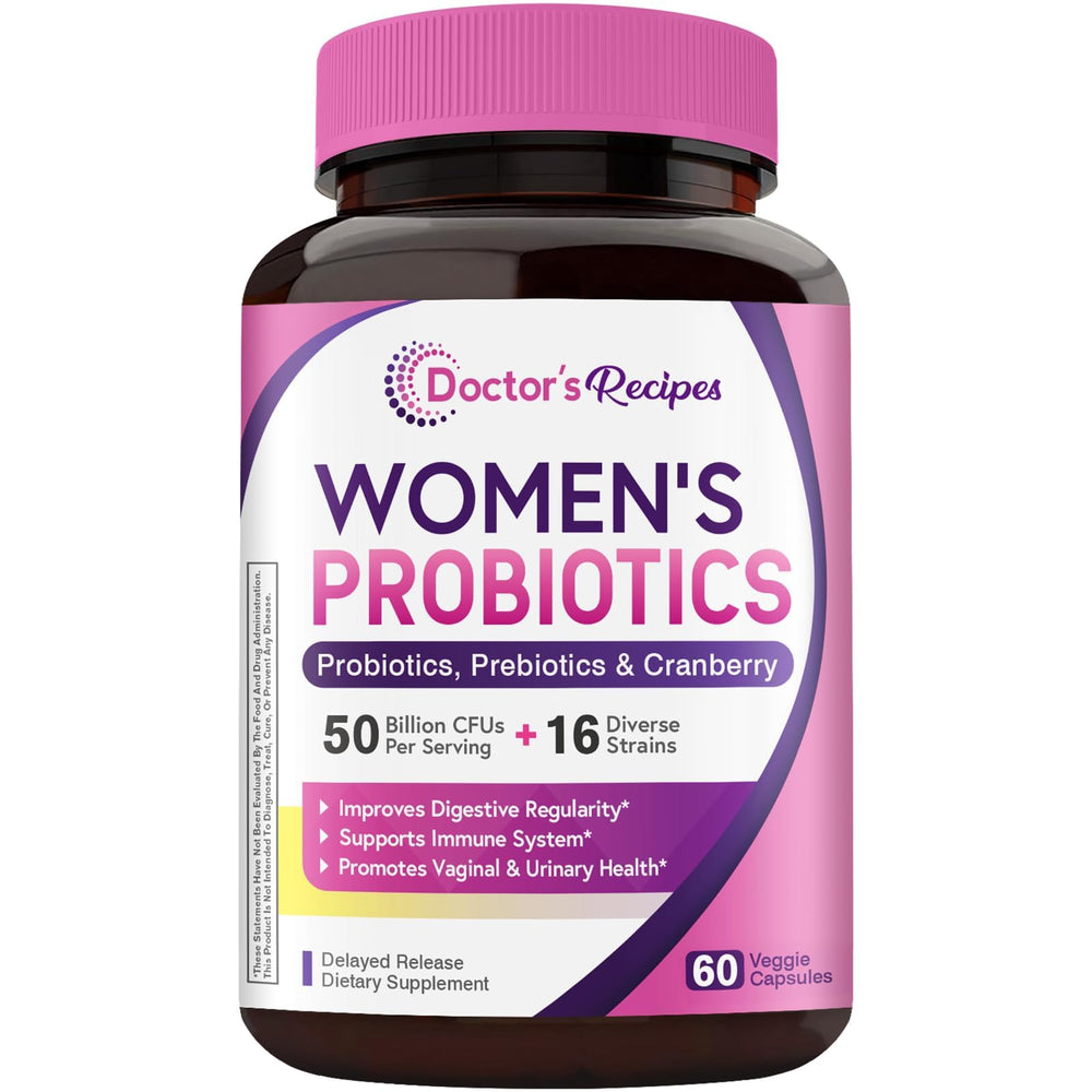 Doctor's Recipes Women's Probiotic bottle front shows 50B CFU and 16 strains for digestive support