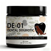 Dogbiotics Dental Powder DE-01 bottle for daily fresh breath support.