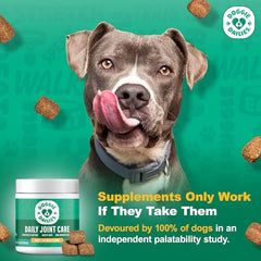 Doggie Dailies hip-joint chews bottle back shows dosage guidance for all sizes.