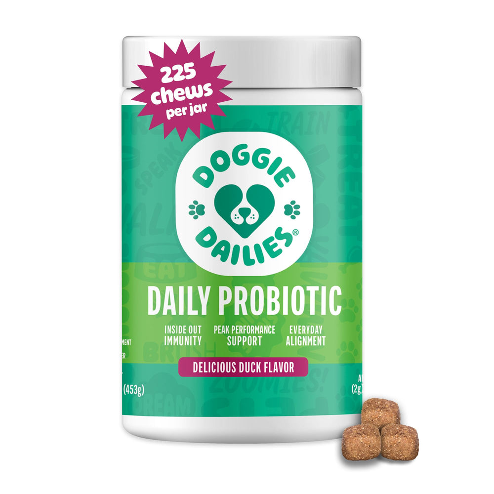 Doggie Dailies Probiotics bottle front shows daily digestive support for dogs