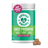 Doggie Dailies Probiotics bottle front shows daily digestive support for dogs