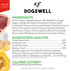 Dogswell Gut Health Mini Jerky Lamb ingredients label emphasizing probiotics and pumpkin fiber.