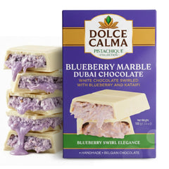 Dolce Calma Dubai blueberry pistachio chocolate bar close-up, premium flavor