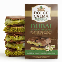 Dolce Calma Dubai Milk chocolate bar packaging shows luxury gifting appeal.