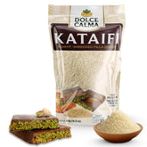 Dolce Calma kataifi dough package highlights ready-to-use strands for crisp baklava and kunafa at home.
