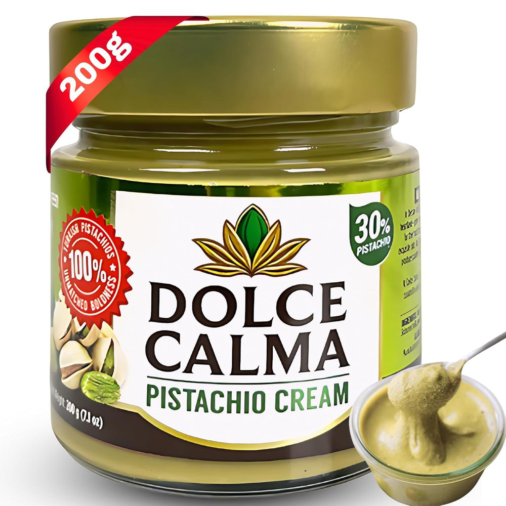 Dolce Calma pistachio cream jar on display, premium Turkish crema for desserts
