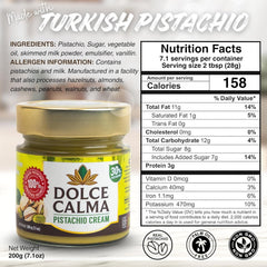 Dolce Calma pistachio cream spread closeup highlighting vibrant green paste