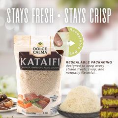 Dolce Calma kataifi dough resealable bag keeps strands fresh between uses.