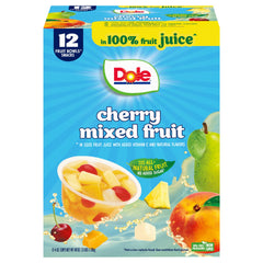 Dole Cherry Mixed Fruit Cups closeup reveals bright fruit chunks in 100% juice, a convenient snack