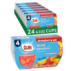 Dole Fruit Bowls peaches in strawberry gel cups, ready-to-eat fruit snack.
