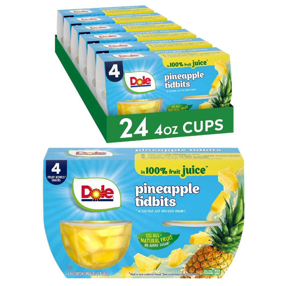 Dole Pineapple Tidbits 100% Juice close-up in a bowl for quick gluten-free snacking.