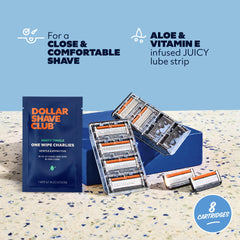 Dollar Shave Club lubricant strip close-up for smooth glide.