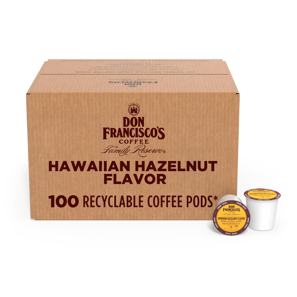 Don Francisco's Hawaiian Hazelnut pods packaging for easy daily brewing.