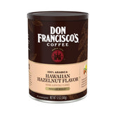 Don Francisco's Hawaiian Hazelnut ground coffee can packaging preserves freshness for easy storage.