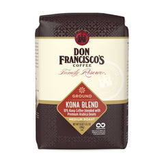 Don Francisco's Kona Blend ground coffee bag shows freshness with a valve