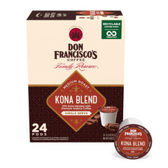 Don Francisco's Kona Blend pods packaging closeup for easy at-home brewing.