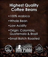 Cafe Don Pablo 100% Arabica beans close-up, hand-picked quality for a balanced cup.