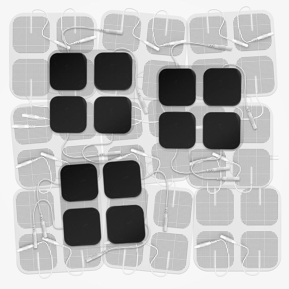 DONECO TENS pad close-up shows 2x2 inch size and adhesive area for secure placement.