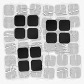 DONECO TENS pad close-up shows 2x2 inch size and adhesive area for secure placement.