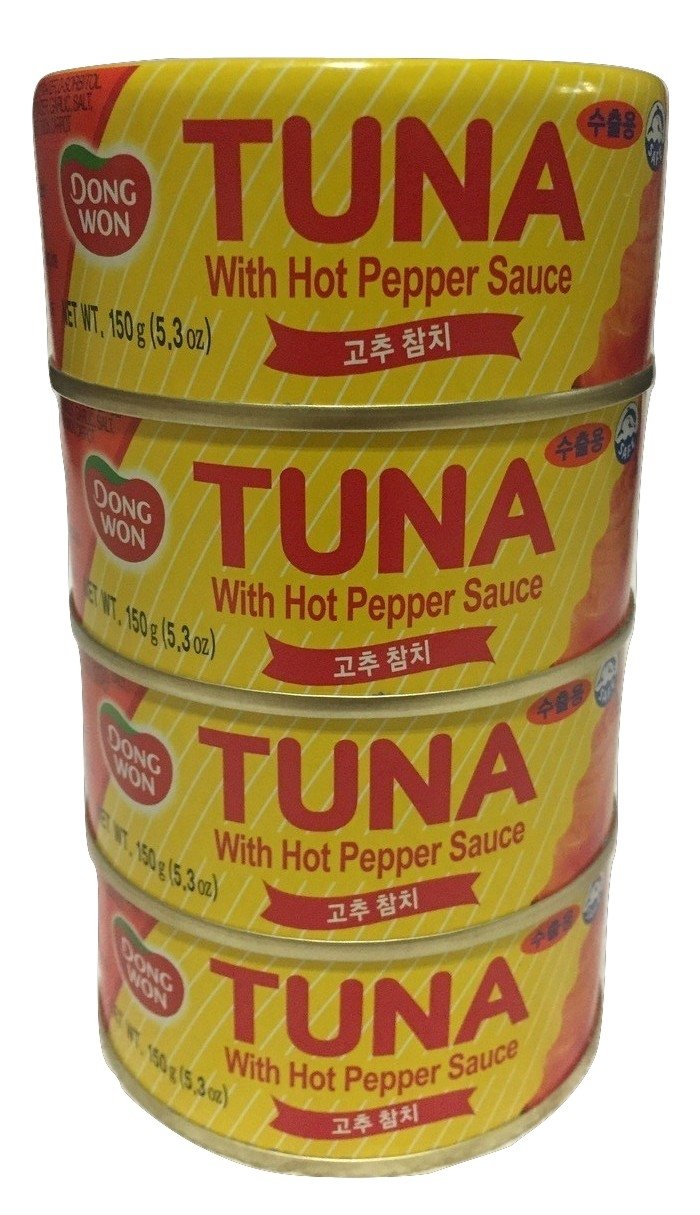 Dongwon tuna with hot pepper sauce cans offer bold flavor for quick meals.