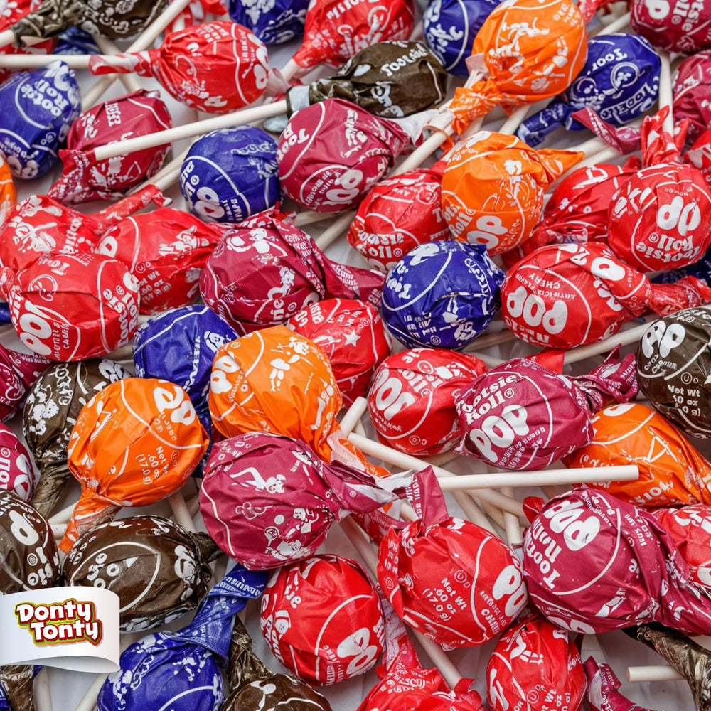 Donty-Tonty POPS lollipops assortment in bulk bag showing five flavors for events and sharing