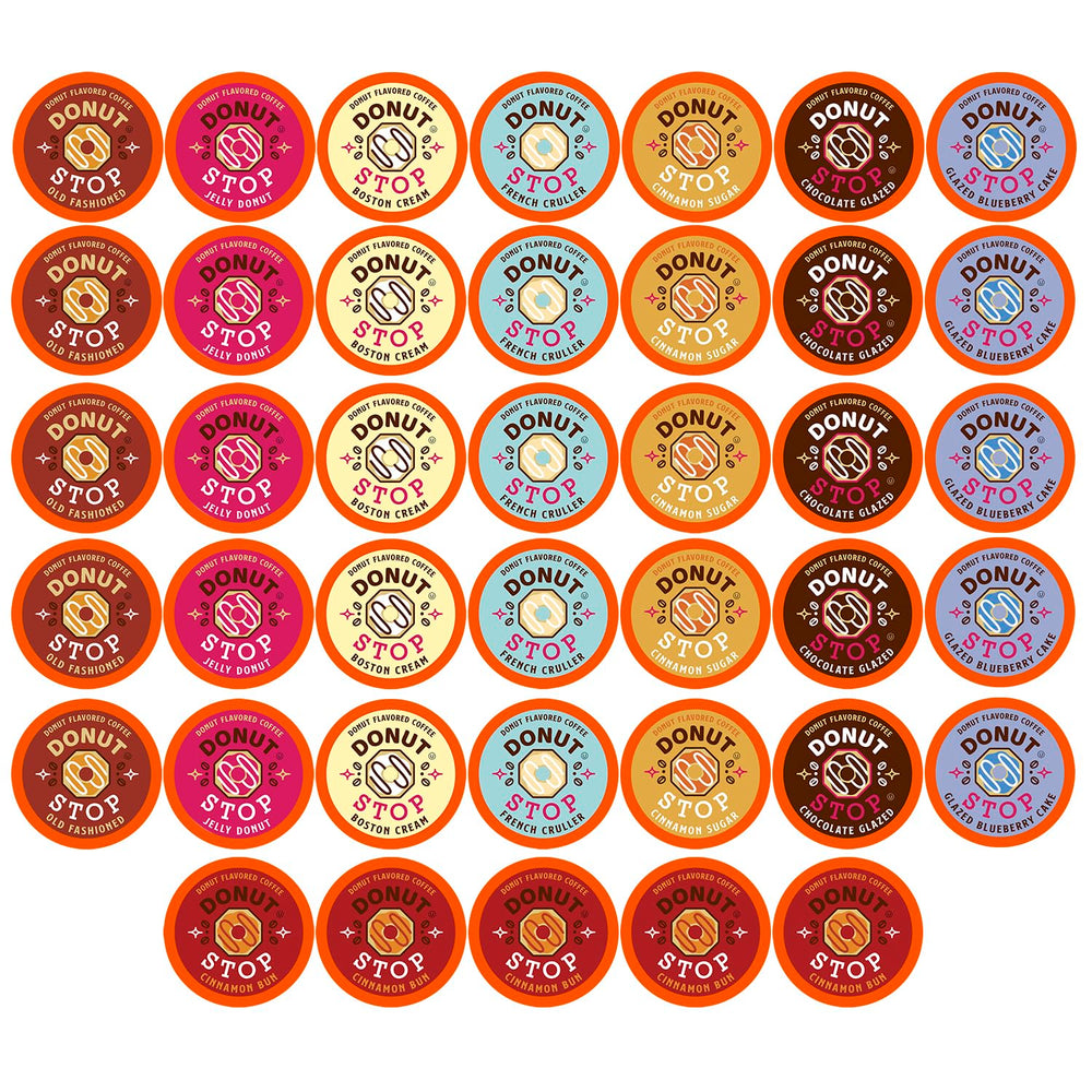 Donut Stop flavored coffee pods variety pack front view for easy mornings