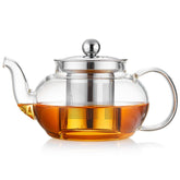 DOPUDO glass teapot with removable infuser for easy loose-leaf brewing.