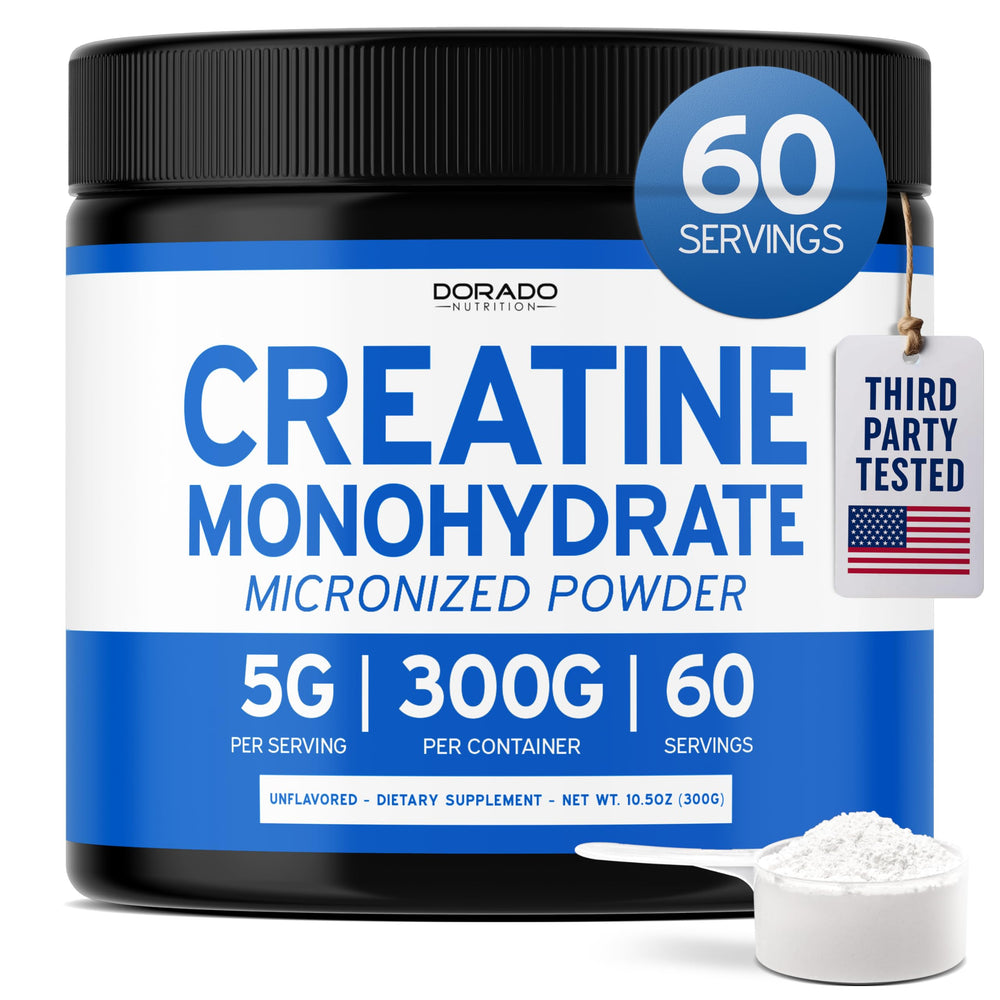 Dorado Nutrition creatine micronized scoop powder showing smooth texture for easy mixing
