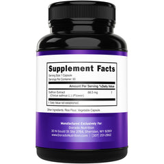 DORADO NUTRITION saffron capsules bottle back with ingredients and certifications.