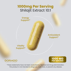 Dorado Nutrition Shilajit capsules visual shows USA-made quality and domestic production.