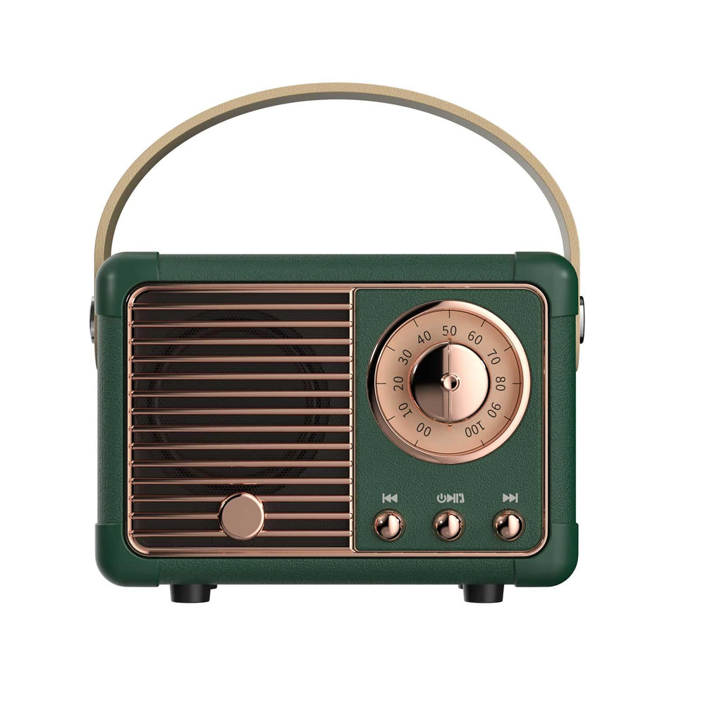 Dosmix retro Bluetooth speaker front view in green for desk decor and portable music.