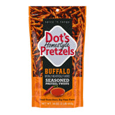 Dots Homestyle Pretzels Buffalo Twist close-up, delivering a crunchy, bold flavor for game-day snacking.