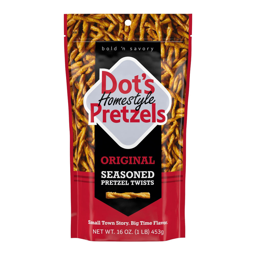 Dot's Pretzels Original Twists 16oz bag front, ideal for on-the-go snacking.