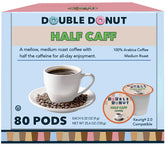 Double Donut Coffee half-caff pods close-up reveals rich aroma and balanced flavor.