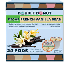 Double Donut Vanilla decaf pods pack offer smooth flavor for Keurig brewers and dessert-like aroma.
