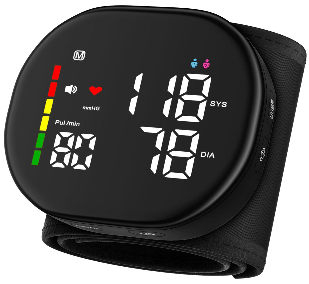 Double love wrist blood pressure monitor with large LED screen for easy home readings.