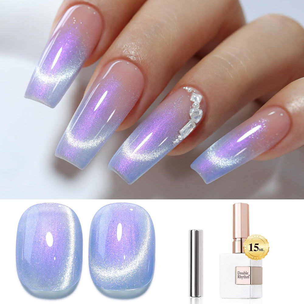 Double Rhythm cat-eye gel nail polish bottle showing magnetic shimmer on nails
