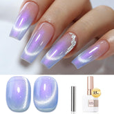 Double Rhythm cat-eye gel nail polish bottle showing magnetic shimmer on nails
