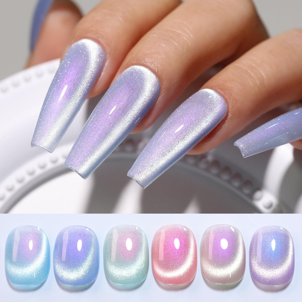 Double Rhythm cat-eye gel polish set bottles show six colors for versatile at-home nail art.