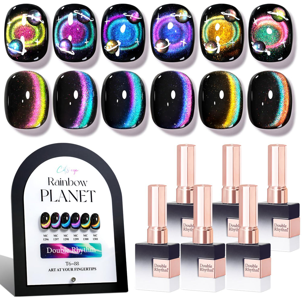 Double Rhythm Cat Eye Gel Polish Set front view with six identical 0-5 oz bottles for at-home manicures.