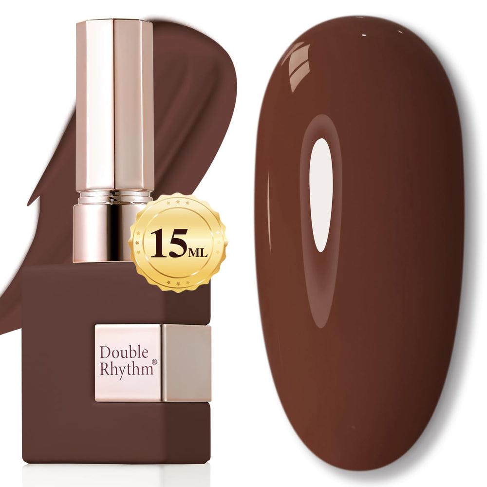 Double Rhythm gel polish bottle close-up shows a rich deep brown with a glossy finish.